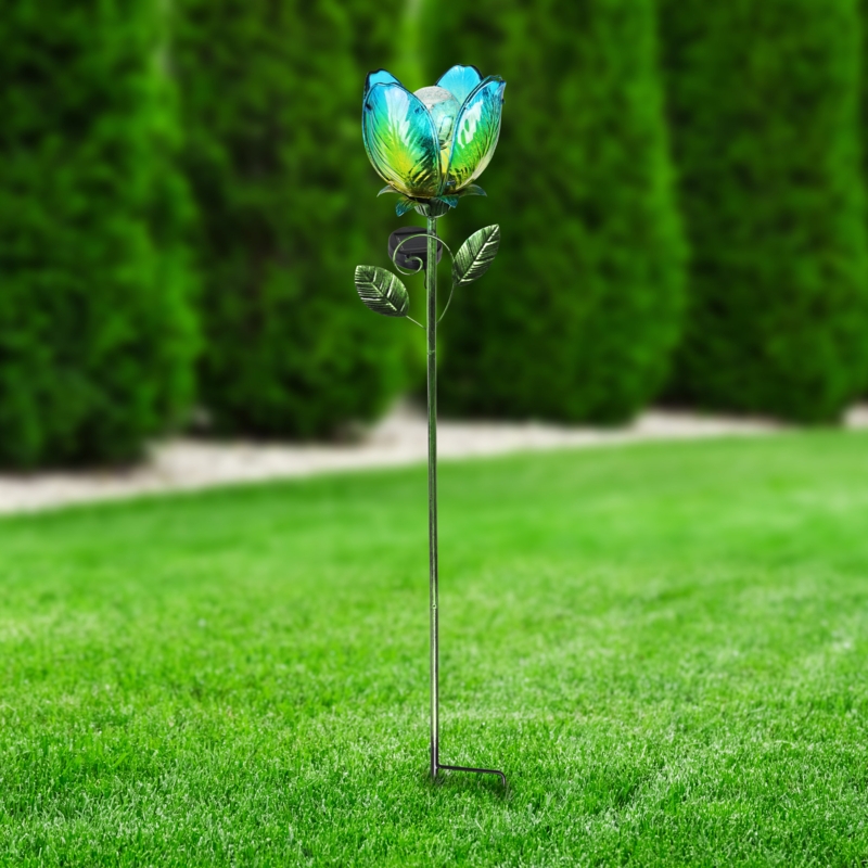 Exhart Solar Flower Garden Stake Made of Glass and Metal, 6 by 36 Inches