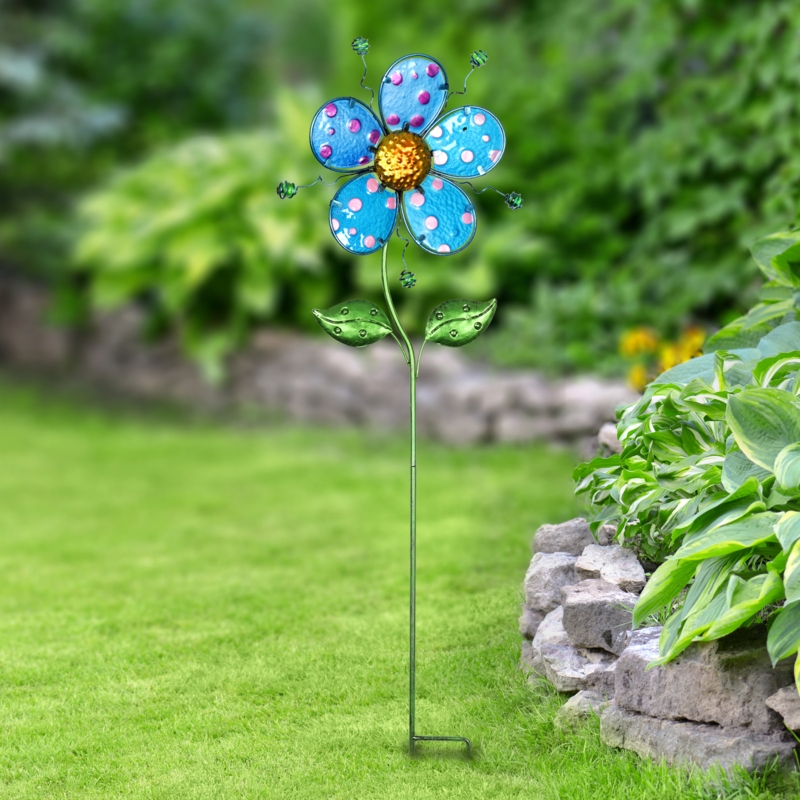 Exhart Whimsical Flower Garden Stake Made of Glass and Metal, 11 by 36 Inches
