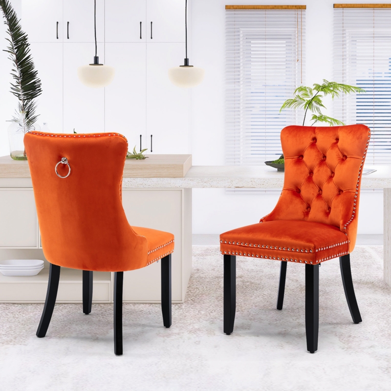 Friedrun Velvet Dining Chair Tufted Dining Room Chair with Solid Wood Leg