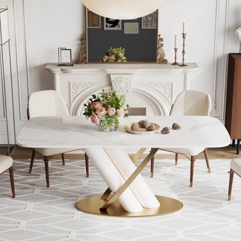 Kwamae 71" Modern White Pedestal Kitchen Table for 6