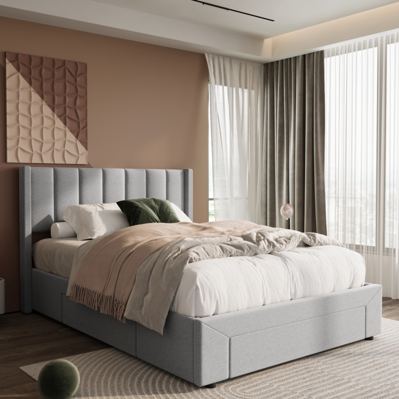 Latitude Storage Upholstered Wingback Bed-1 Large Drawer in the Footboard 2 on the side