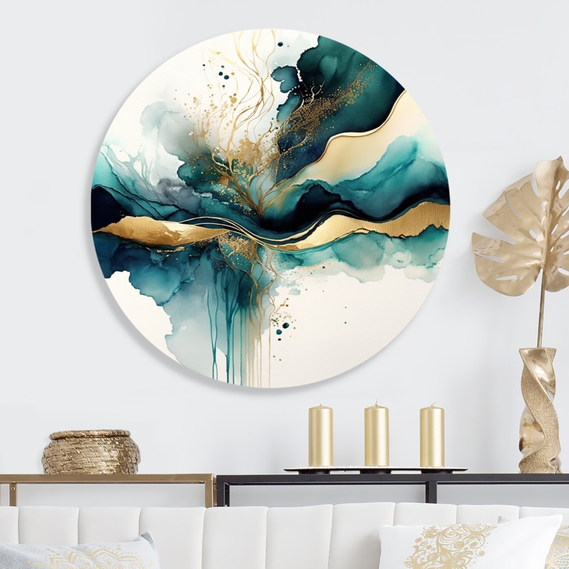 Lockard " Teal And Gold Abstract Expression III " on Metal Circle