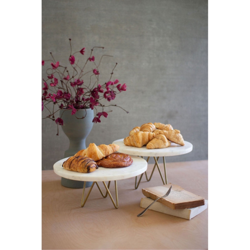 Loranger Set Of Two White Marble Display Stands With Antique Brass Base