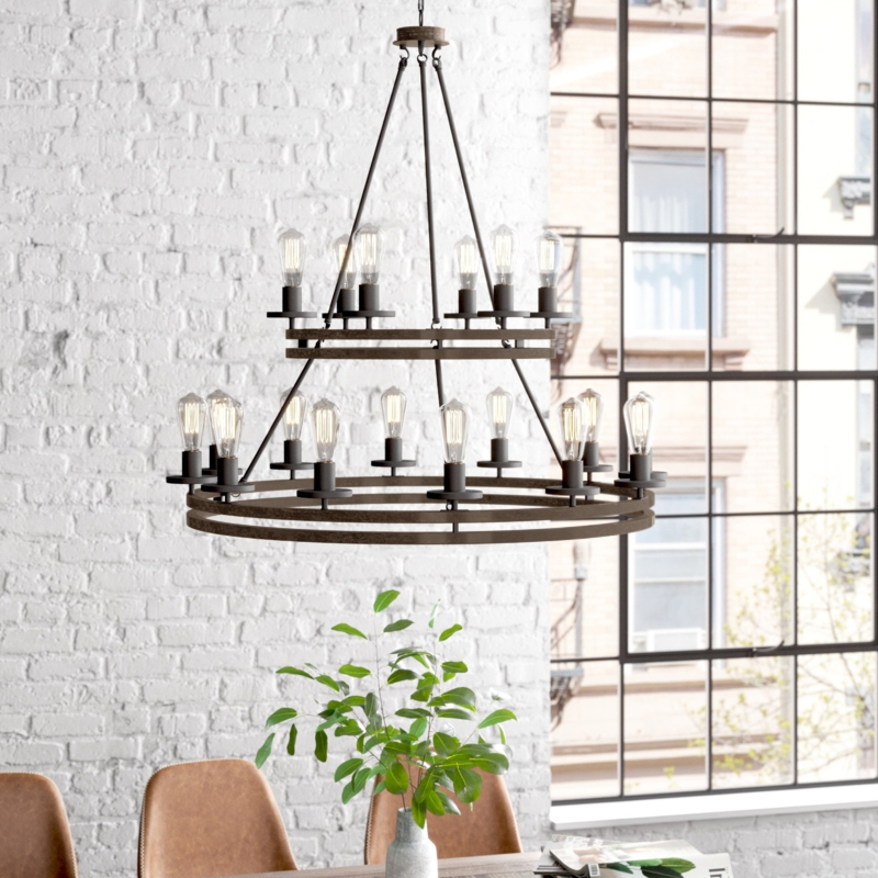 Philly 18 - Light Steel Dimmable Candle Style Wagon Wheel Chandelier With Wood Accent UL Certified