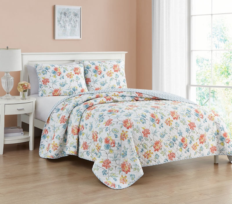 Sasha Floral 3PC Reversible 100% Cotton Quilt Set, Prewashed for Added Comfort, Coral/Blue/Yellow