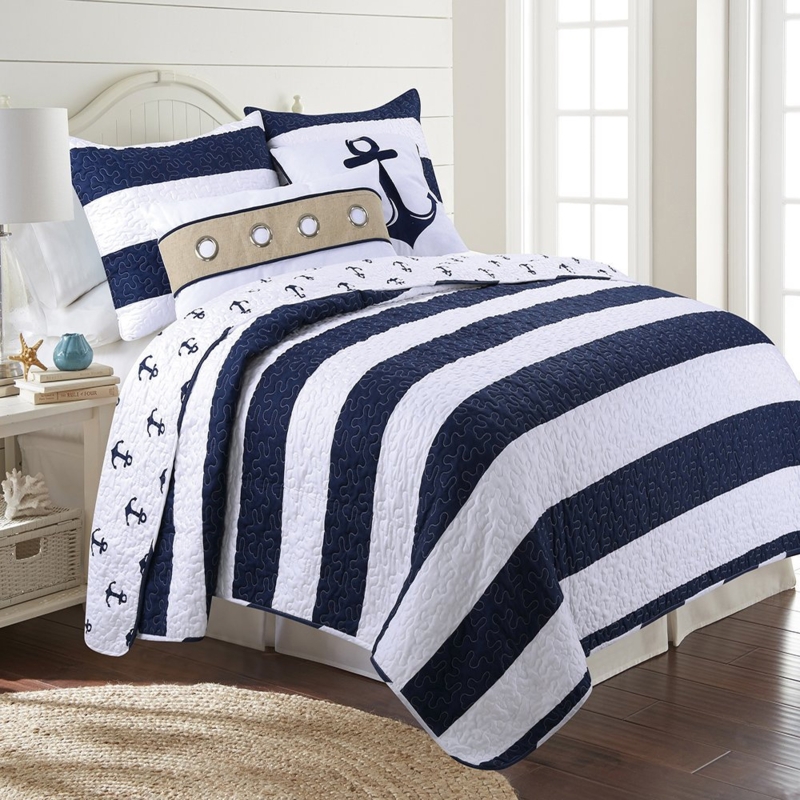Sconset Nautical Anchor Stripe Reversible Quilt Set