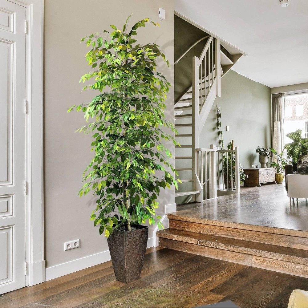 8' Artificial Copper Metal Fluted Ficus Tree Planter - LCG Florals: Indoor Faux Plant with Metal Base, No Assembly Required
