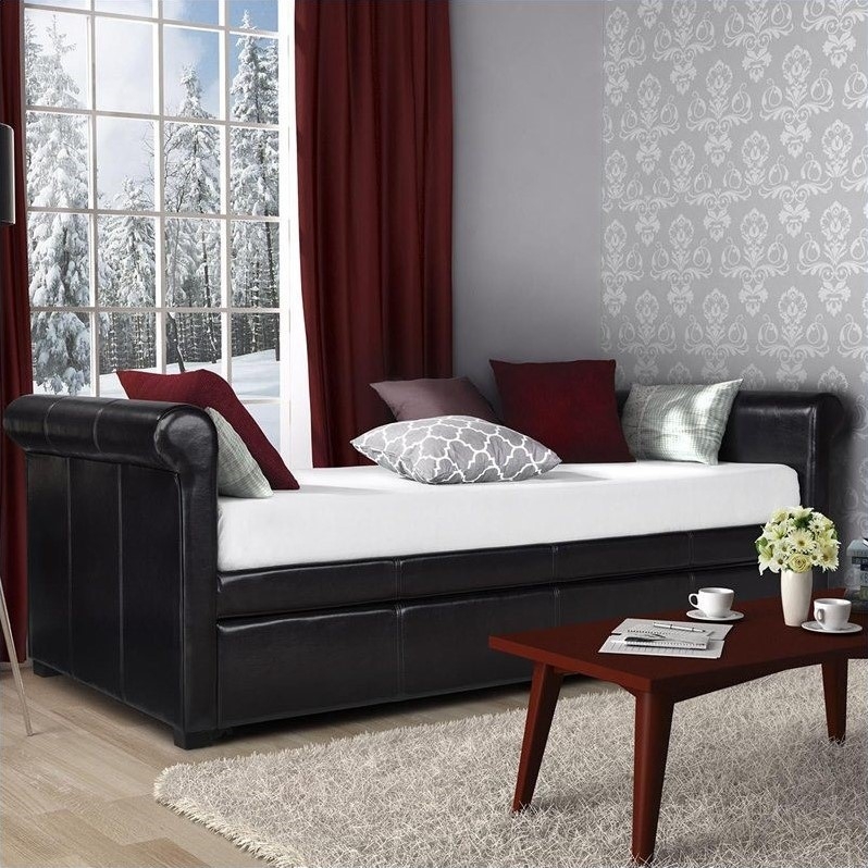 Black Leather Twin Daybed with Trundle and Pillows