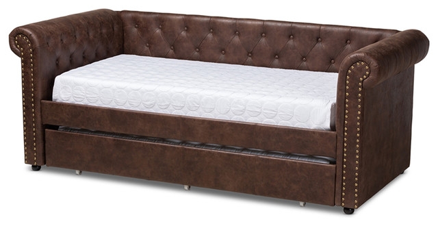 Brown Faux Leather Upholstered Daybed with Trundle