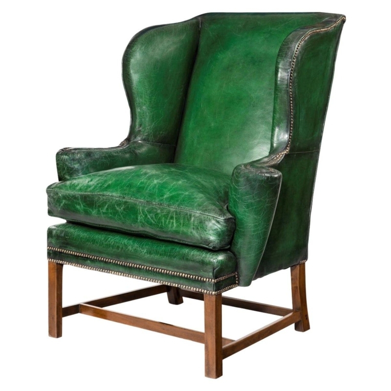 Classic George III Green Leather Wingback Armchair