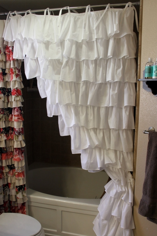 Elegant White Ruffled Bathroom Shower Curtain