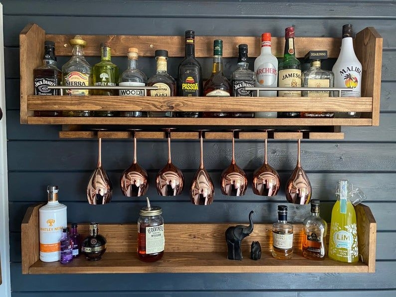 Handcrafted Pine Wall Mounted Bar Shelves with Glass Holder
