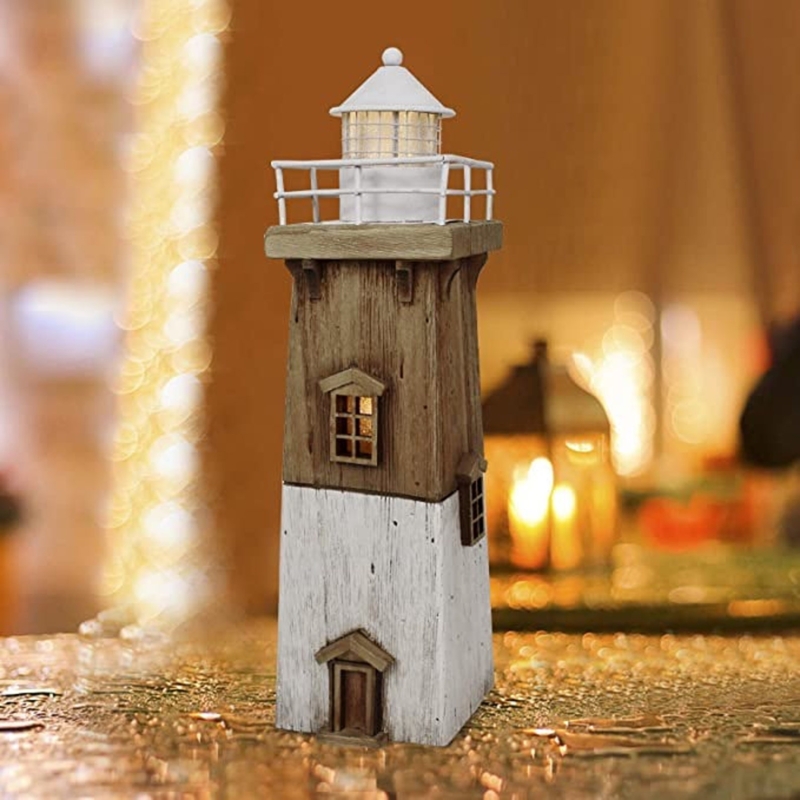 Handcrafted Wooden Lighthouse Tabletop Decor with Light