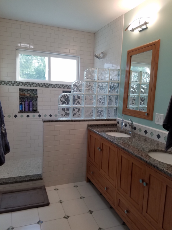 Modern Bathroom with Glass Block Shower Wall