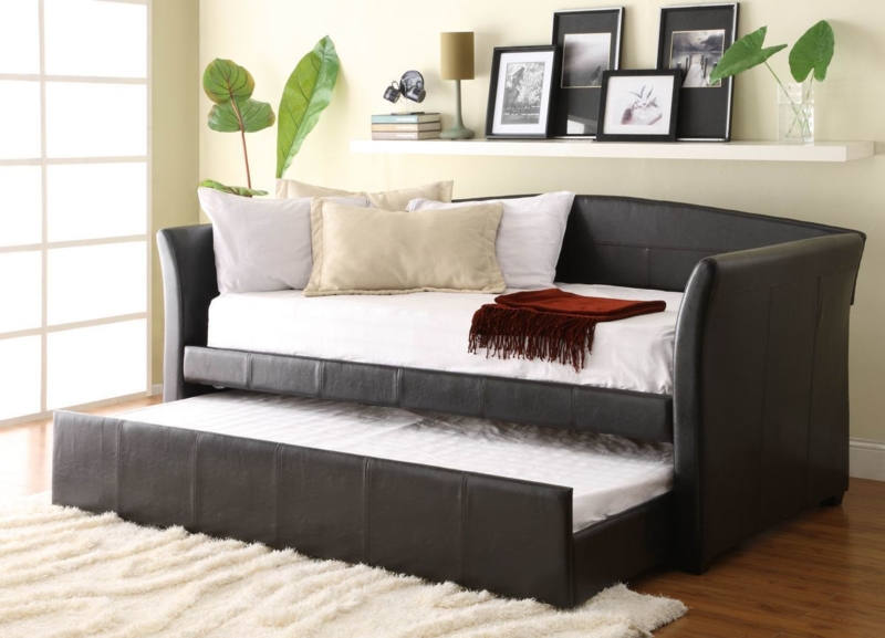 Modern Black Leather Daybed with Trundle Bed