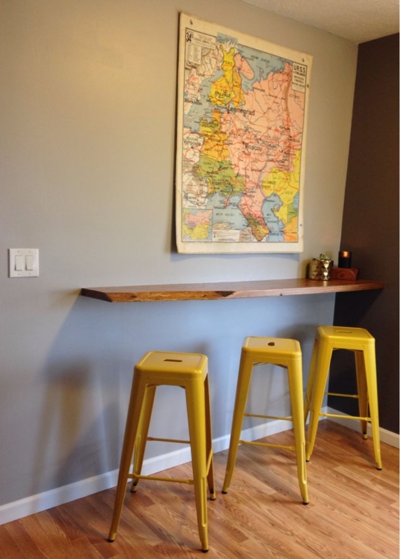 Modern Floating Breakfast Bar with Yellow Stools