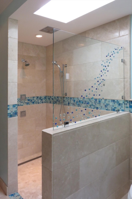 Modern Glass Half Wall Shower with Blue Mosaic Tiles