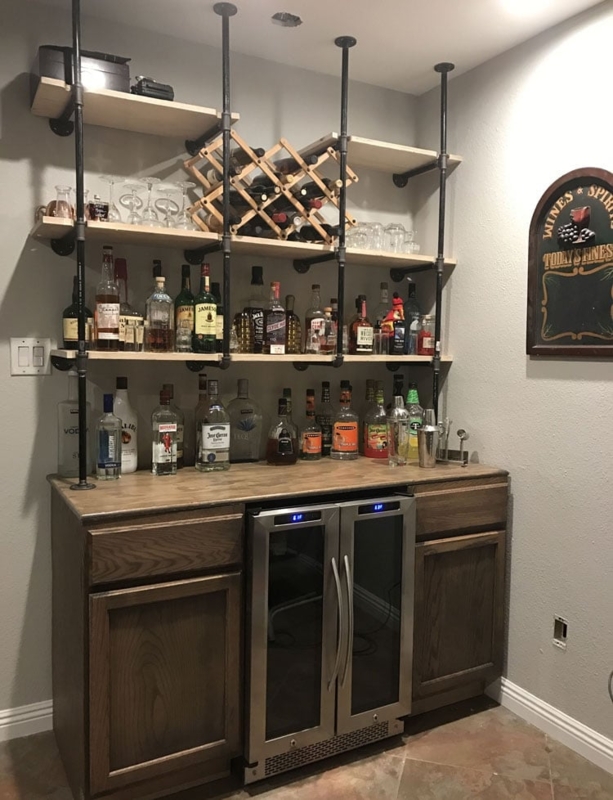 Modern Industrial Basement Bar with Open Shelving