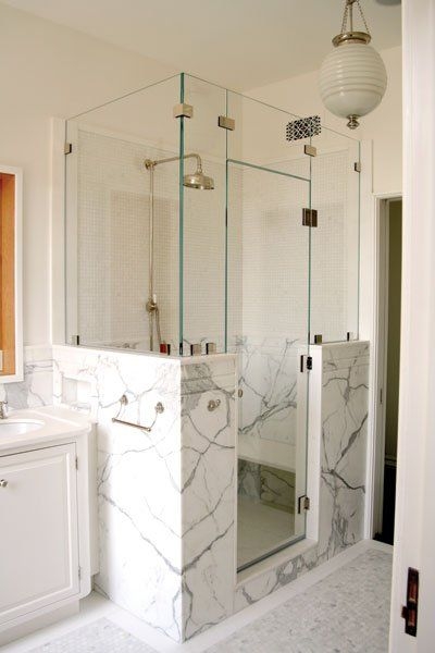 Modern Marble Half Wall Shower with Frameless Glass