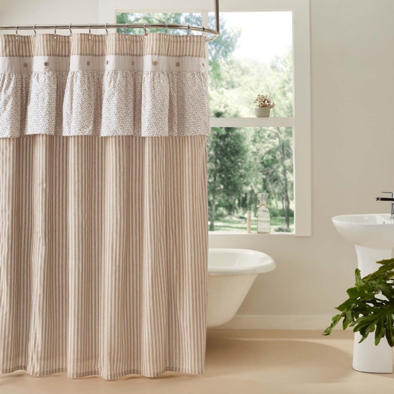 Neutral Toned Ruffled Shower Curtain with Stripes