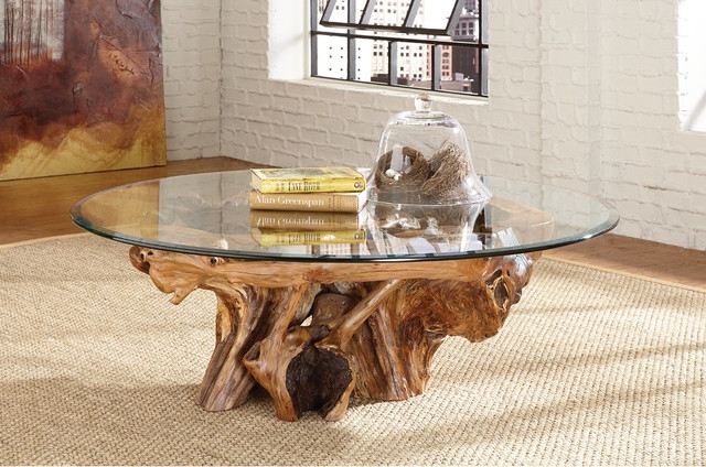 Rustic Tree Trunk Coffee Table with Glass Top