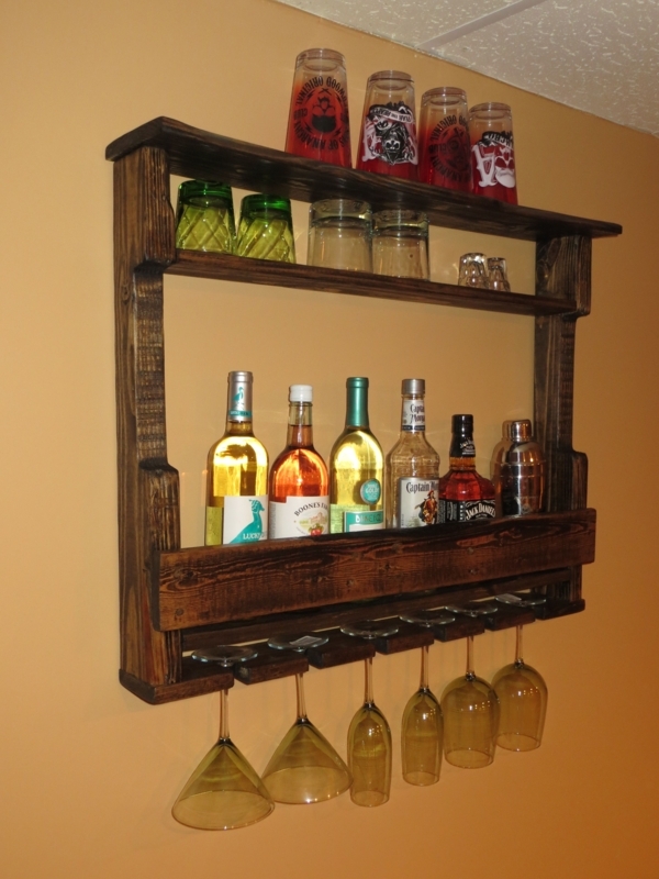 Rustic Wall Mounted Home Bar Cabinet with Glass Holders