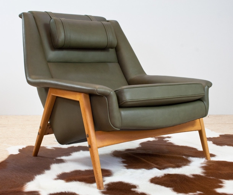 Scandinavian Modern Olive Green Leather Armchair