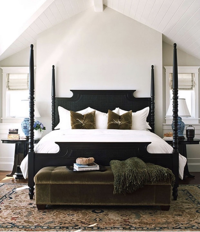 Sophisticated Black Four-Poster Bed with Olive Accents
