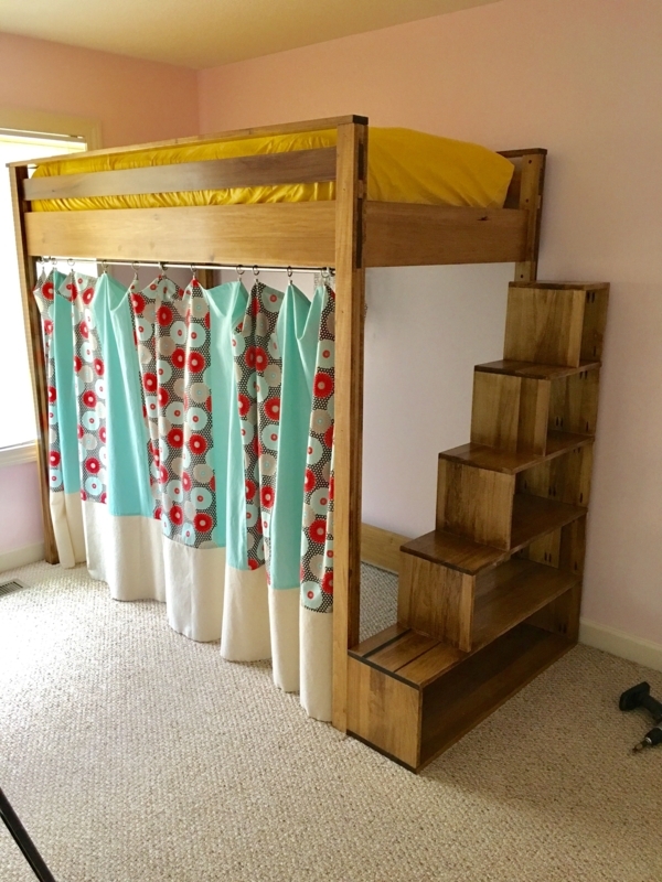 Wooden Loft Bed with Staircase Storage and Curtains