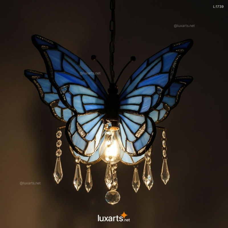 Blue Stained Glass Butterfly Pendant Chandelier