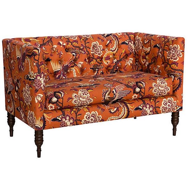 Burnt Orange Tufted Floral Pattern Settee