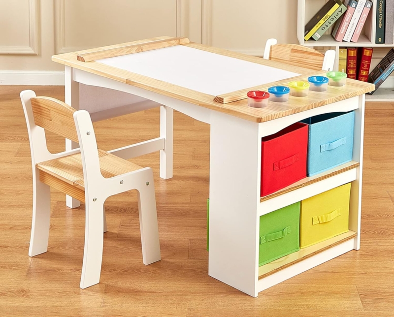 Children's Wooden Art Table with Colorful Storage Bins