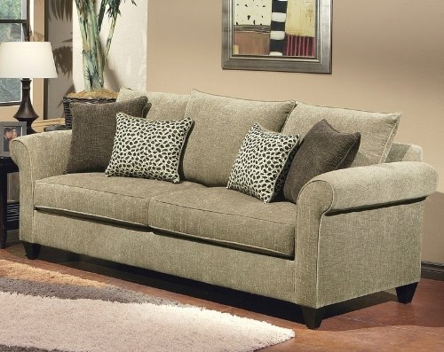 Light Taupe Sofa with Multi Pattern Throw Pillows