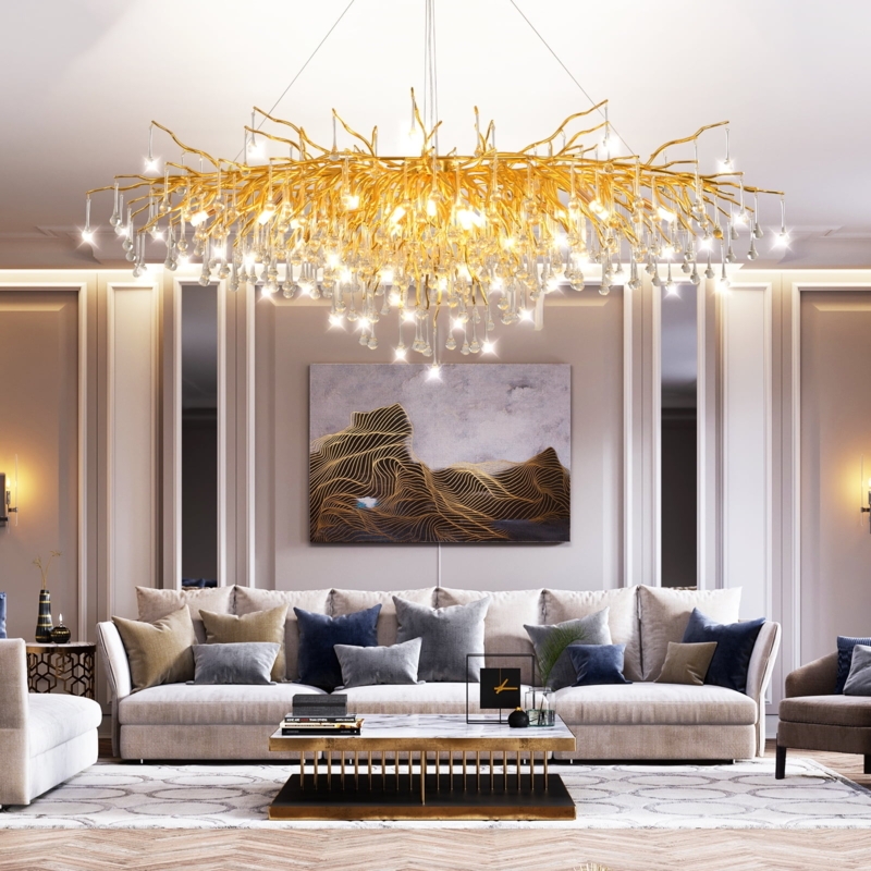 Luxurious Gold Crystal Chandelier in Modern Living Room