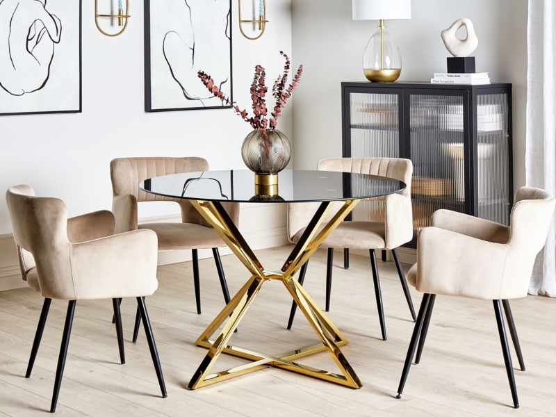 Modern Black and Gold Glass Top Round Dining Table