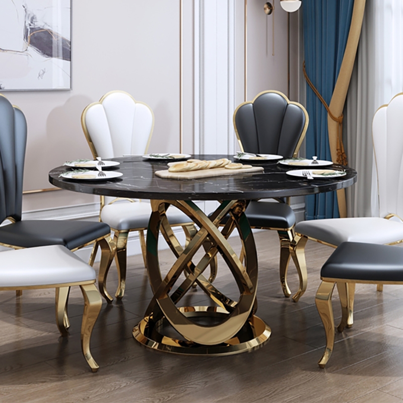 Modern Black Gold Round Marble Dining Table