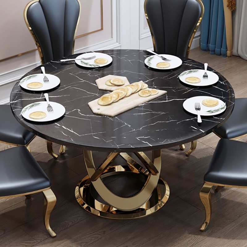 Modern Black Marble Round Dining Table with Gold Base