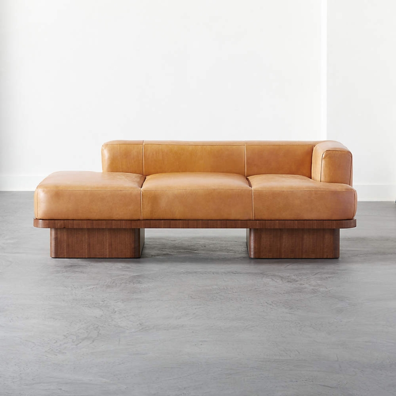 Modern Tan Leather Daybed with Wooden Base