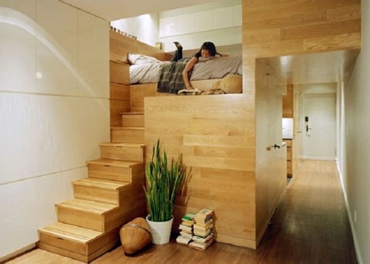 Modern Wooden Loft Bed with Stairs and Storage