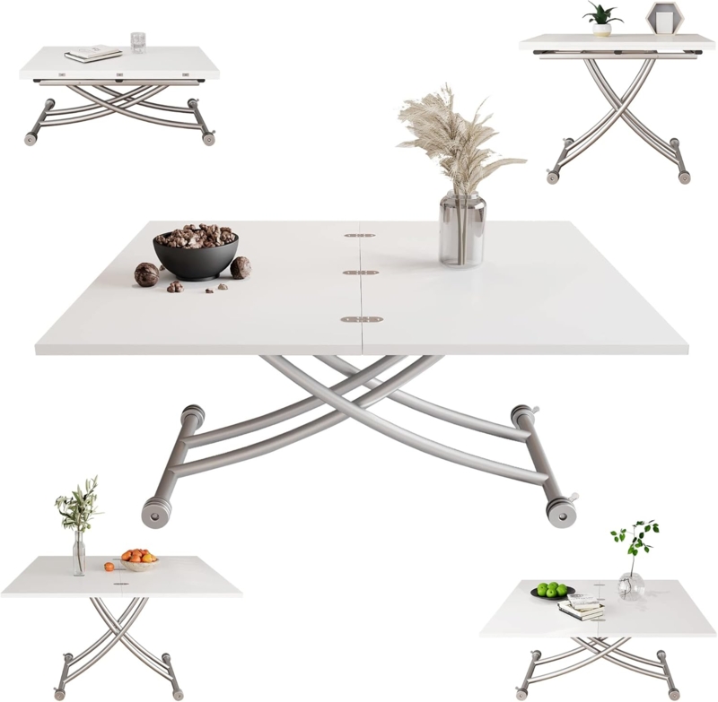 Multifunctional White Lift-Top Coffee Table with Metal Frame