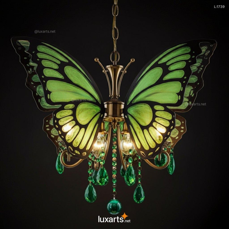 Stained Glass Butterfly Chandelier with Green Accents