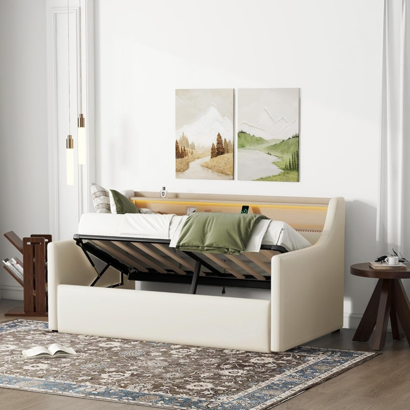 Twin PU Leather Daybed with Hydraulic Storage Lift