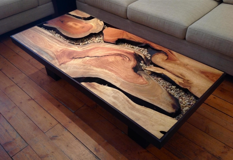 Unique Live Edge Wood and Pebble Coffee Table