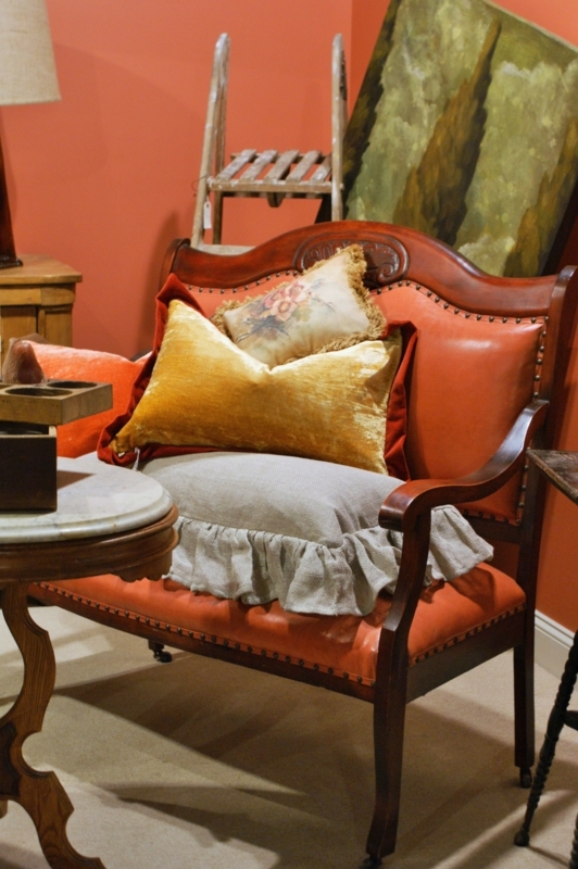 Vintage Orange Leather Settee with Decorative Cushions