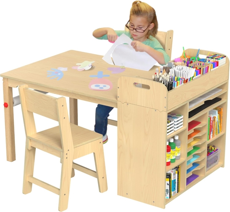 Wooden Kids Art Table and Chairs Set with Storage