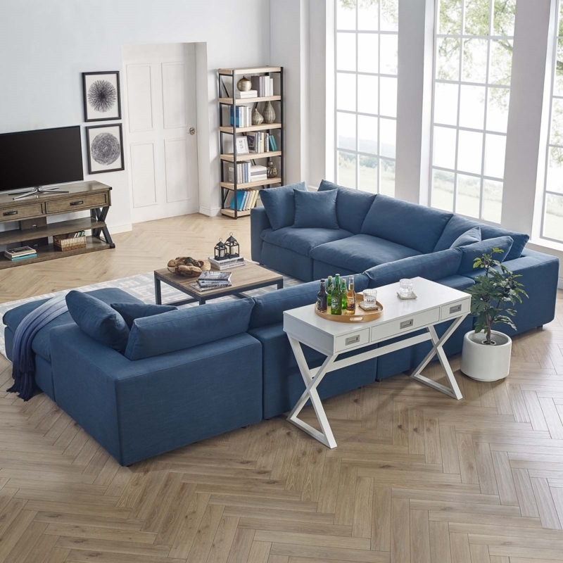 Azure Blue Overstuffed 7-Piece Sectional Sofa Set