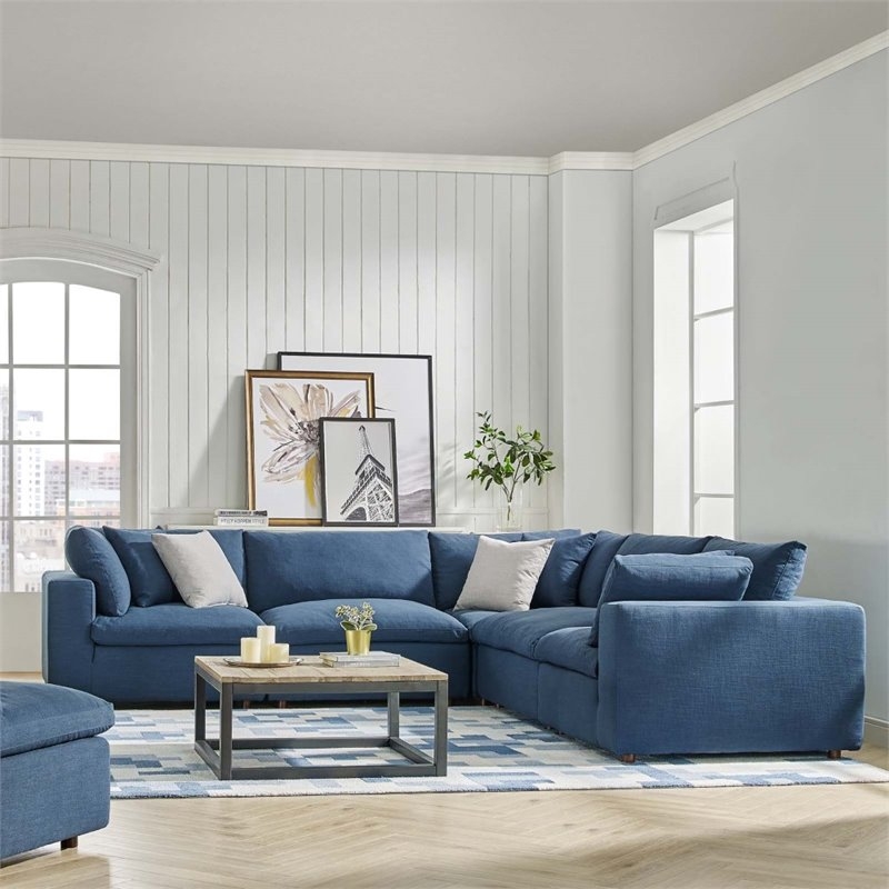 Blue Overstuffed Sectional Sofa with Modern Coffee Table