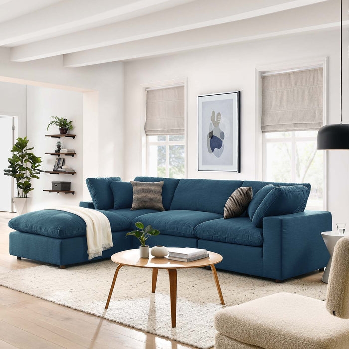 Cozy Blue Overstuffed Sectional Sofa with Chaise