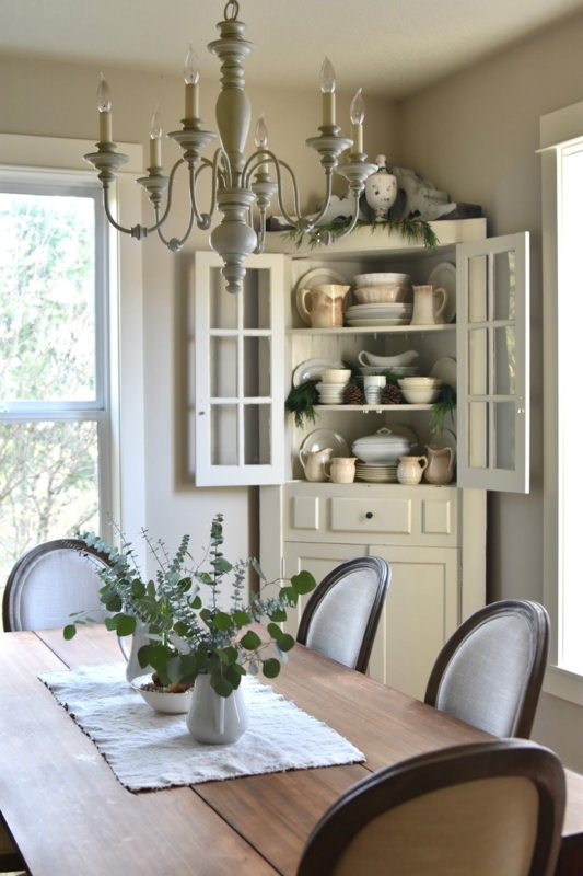Elegant Cozy Corner Hutch in Rustic Dining Room