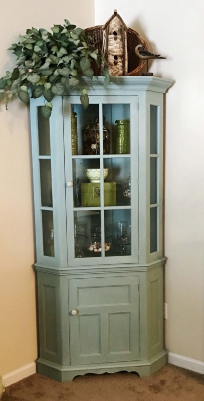 Light Blue Glass Panel Corner Hutch with Rustic Decor